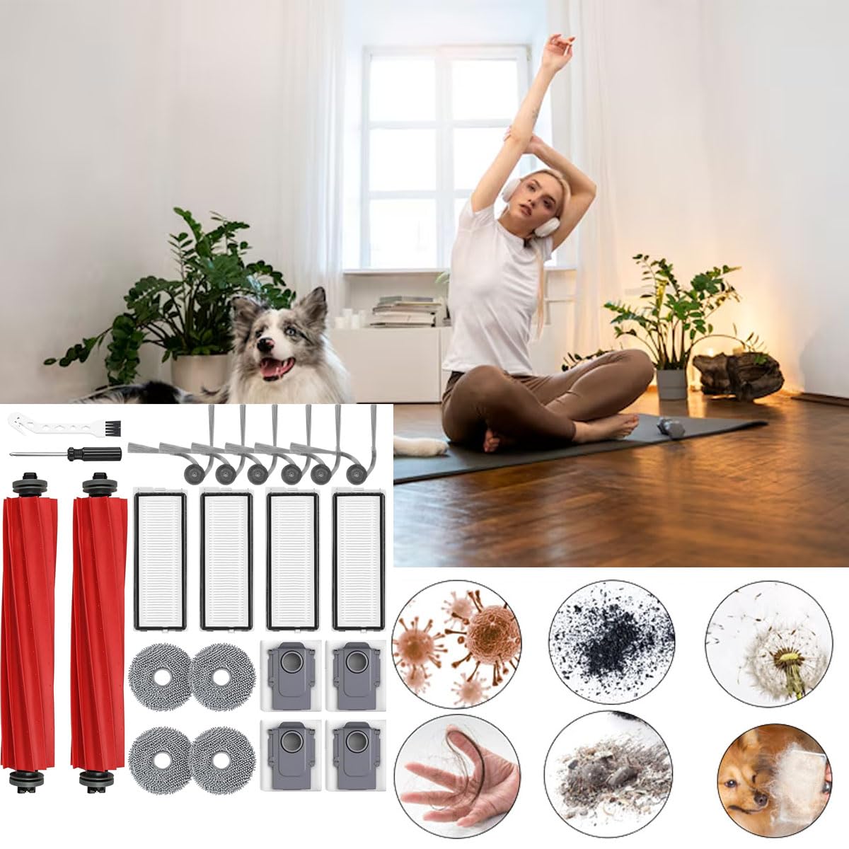 Roborock Accessories Replacement Kit Compatible with QV 35A 35S Qrevo S Pro Robot Vacuum Cleaner, 2 Main Brush Roller, 4 Hepa Filters, 4 Mop Pads, 6 Side Brushes, 4 Dust Bags, 2 Tool