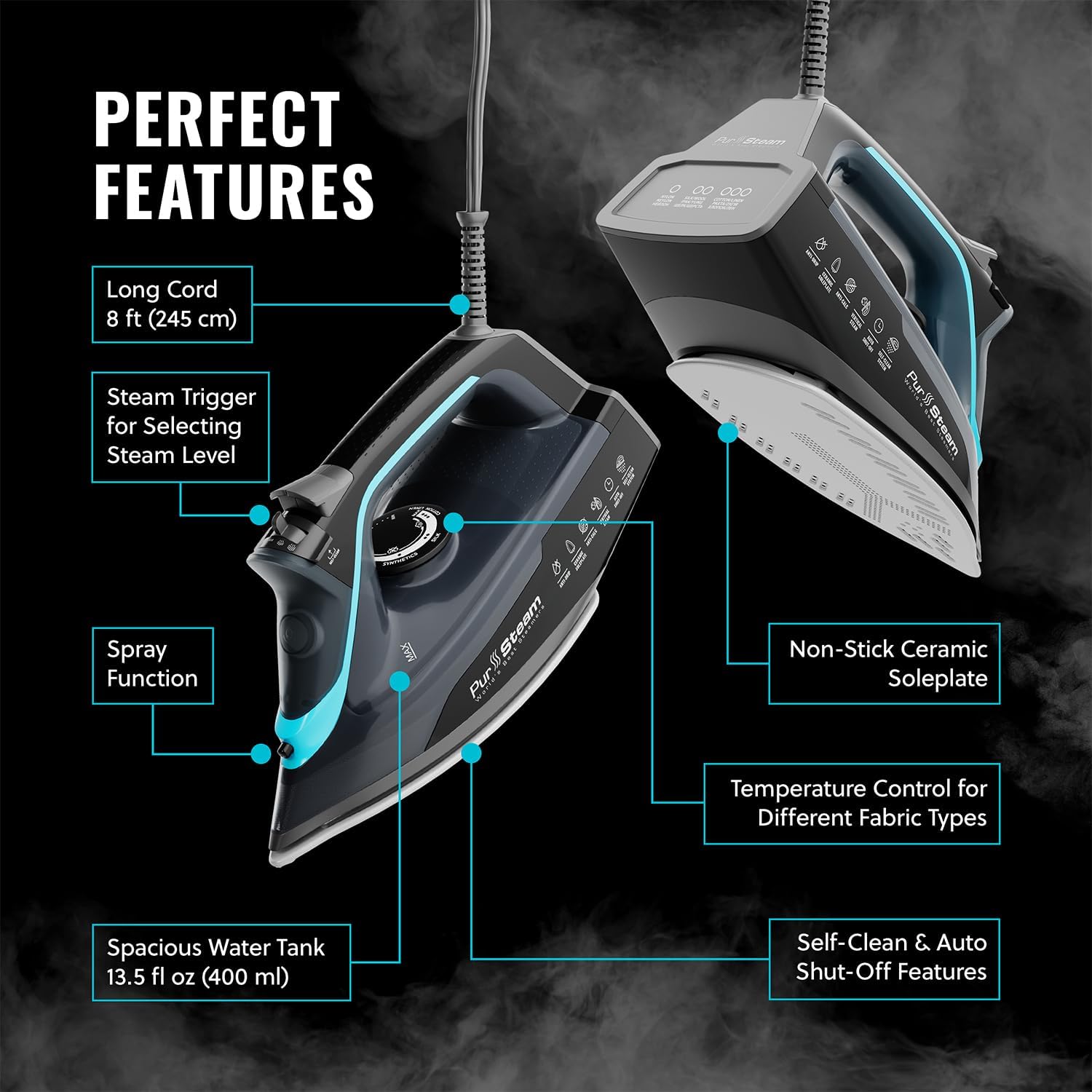 Pursteam SteamBurst+ 1750W Steam Iron - Ceramic Soleplate, Adjustable Steam & Self-Cleaning Feature