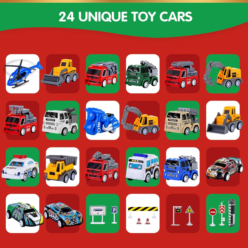 Quanquer Kids Advent Calendar - 24 Days Christmas Countdown with Pull Back Cars for Boys & Toddlers