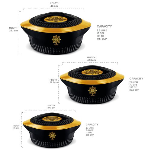 MILTON Royal Regular Casserole 5000/7500/10000, Set of 3, (4.5 Ltrs, 7.5 Ltrs, 10 Ltrs), Black Gold | BPA Free | Food Grade | PU Insulated | Hot & Cold