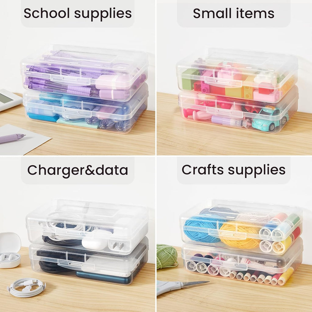 Sooez Plastic Pencil Case Box - 6 Pack Large Crayon Organizer with Snap Lids | Clear Stackable Craft Storage
