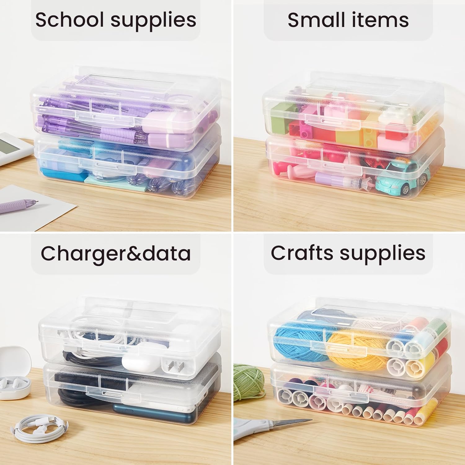 Sooez Plastic Pencil Case Box - 6 Pack Large Crayon Organizer with Snap Lids | Clear Stackable Craft Storage