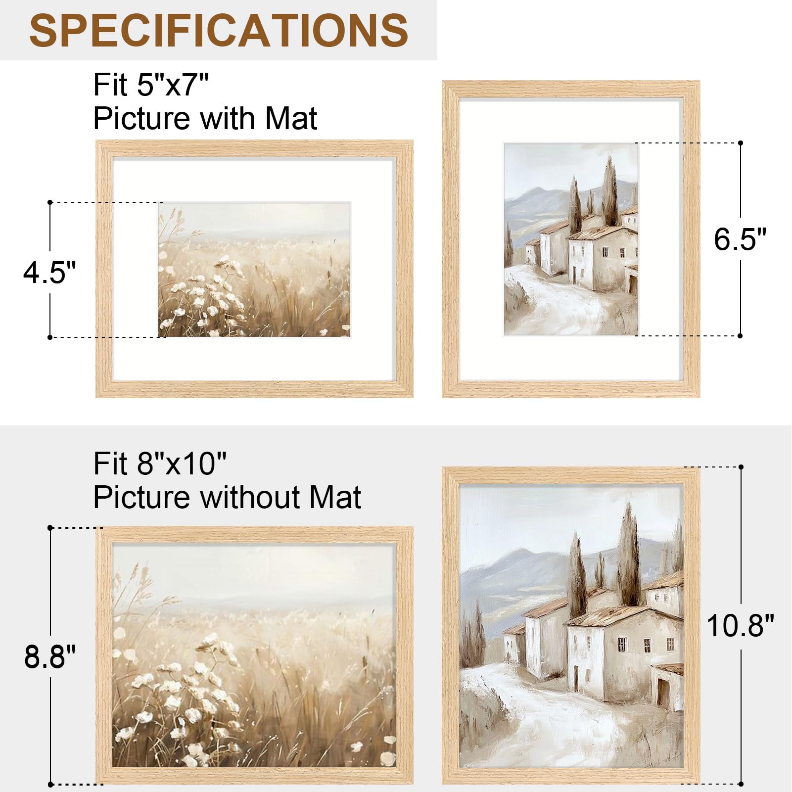 Vittanly 8x10 Picture Frame Set of 2, Solid Wood Frame for Wall or Tabletop, Display Photo 5x7 with Mat or 8x10 without Mat, Natural