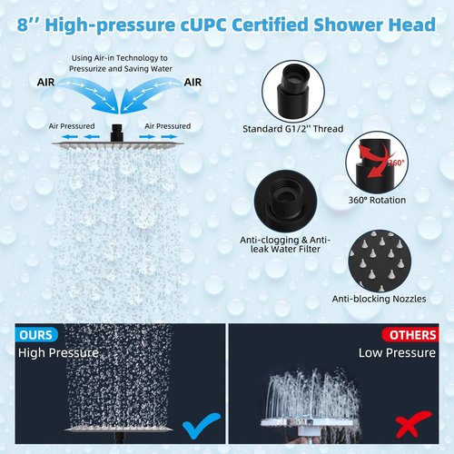Hibbent All Metal CUPC Certified 8'' Rainfall Shower Head, Dual Shower Head Combo, High Pressure Handheld 4 Sprays Shower Wand, 16'' Adjustable Extension Arm, 71'' Hose, Shower Holder, Matte Black