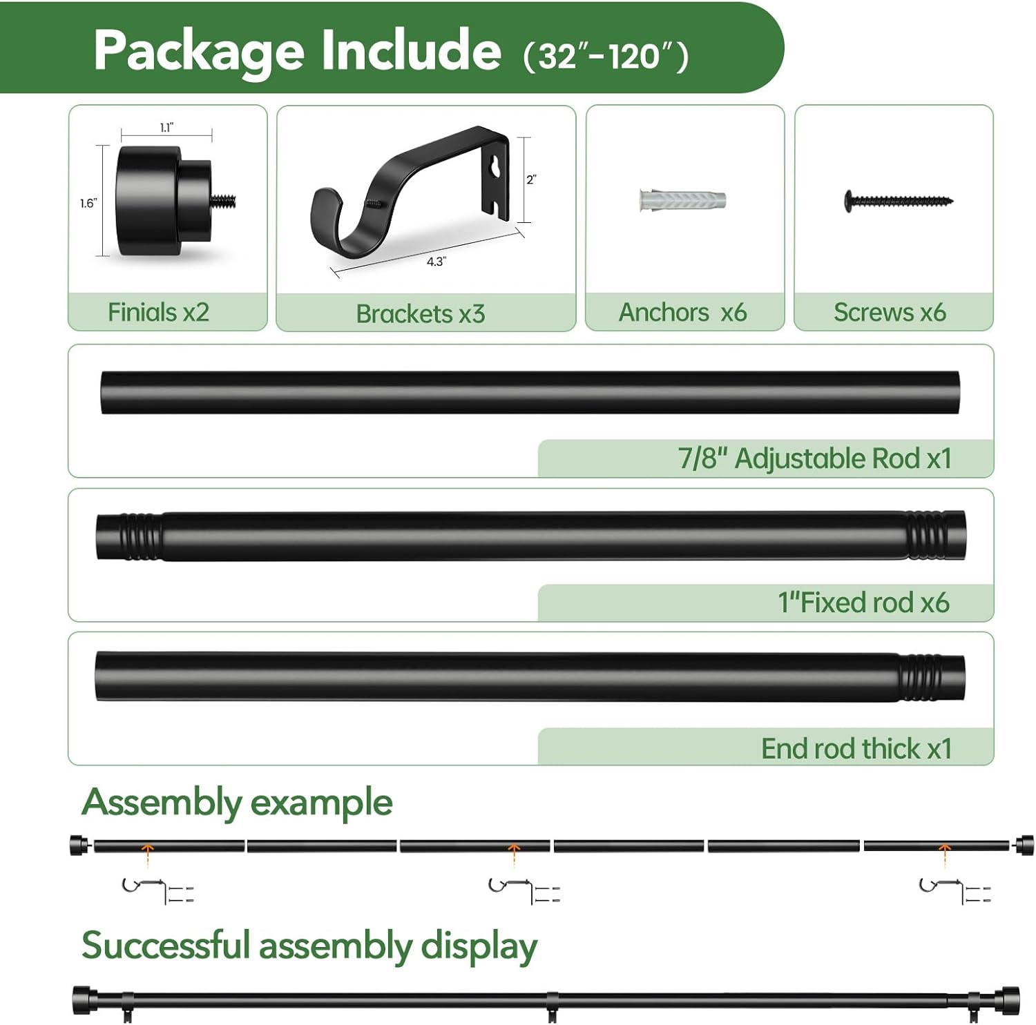 Time Forest Black Curtain Rods - Adjustable Heavy Duty Design for Windows 32 to 120 Inches | Modern Style