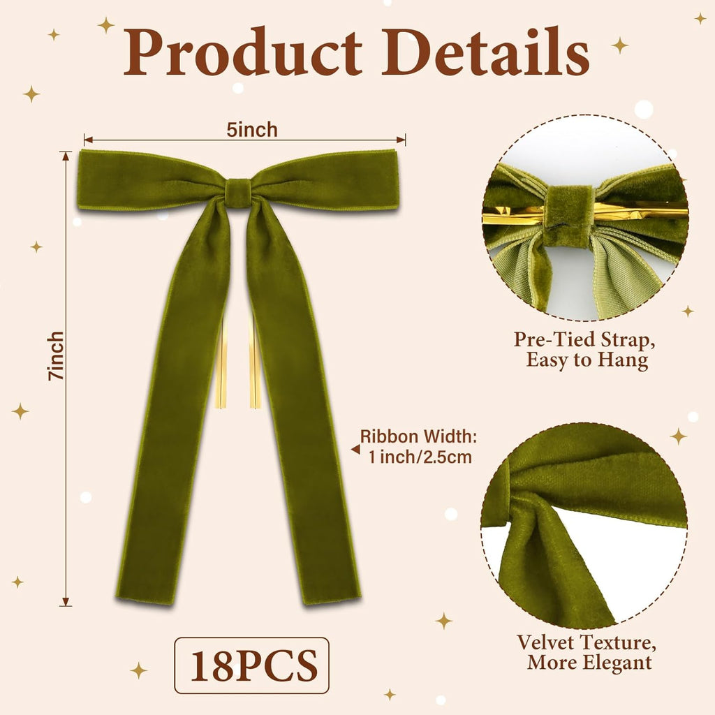Olive Green Velvet Bows by [Brand Name] - 18Pcs Christmas Tree Decorations | 5x7" Size, 1" Wide