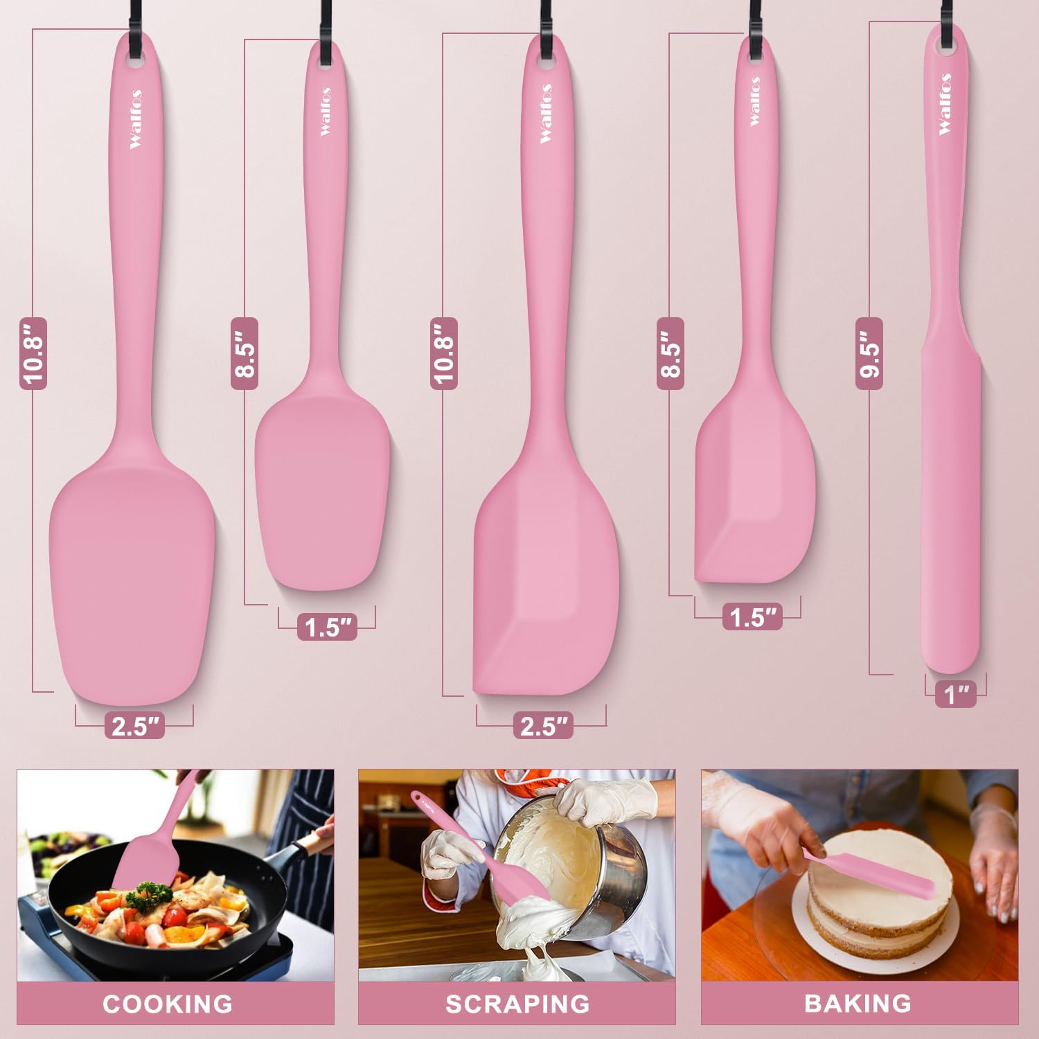 Walfos Silicone Spatula Set of 5 | High Heat Resistant Kitchen Scrapers - BPA Free, Pink, Seamless Design