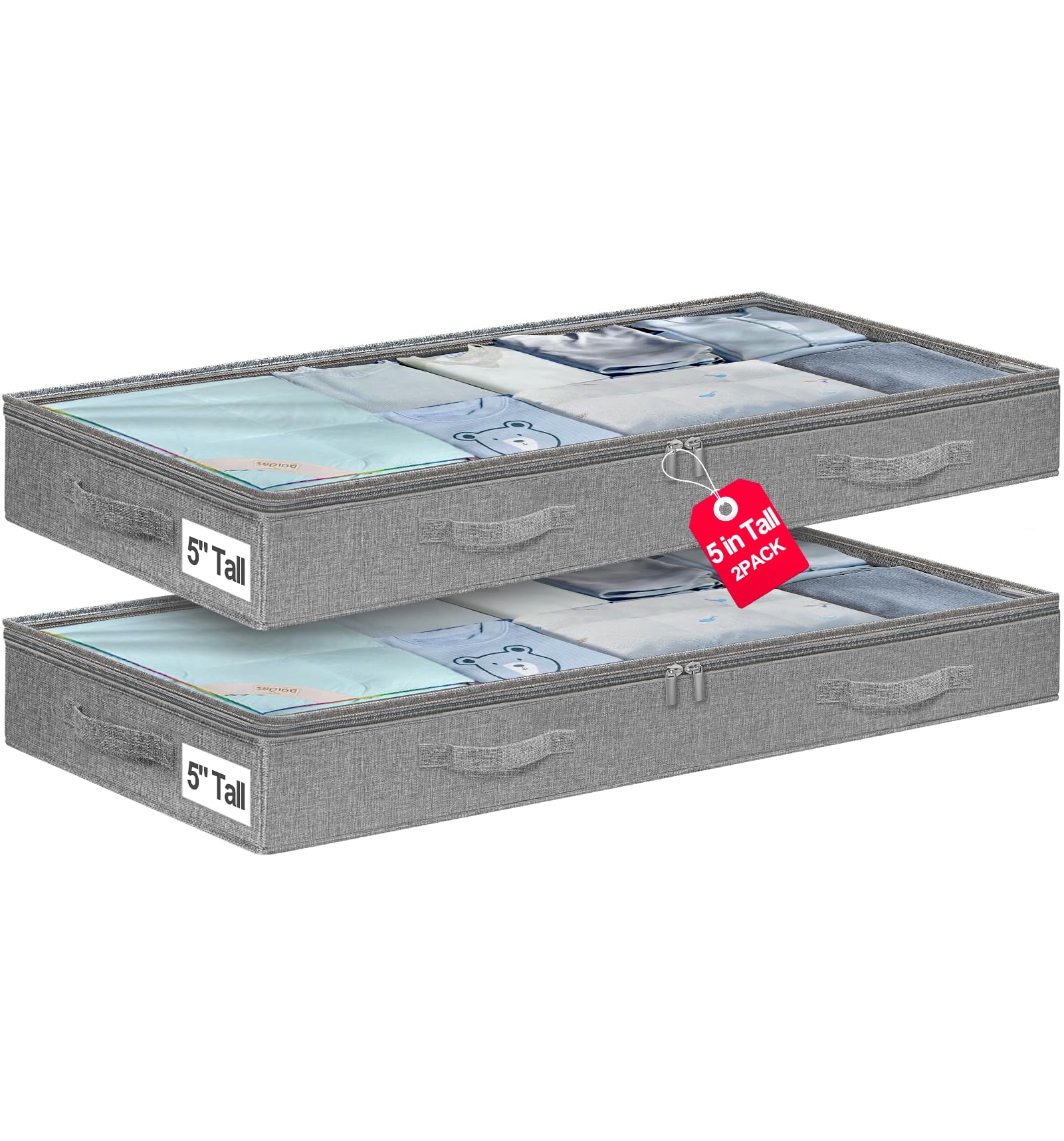 punemi 5 Inches High Low Profile Under Bed Storage Containers，No-Structure,Soft Fabric Zippered Underbed Storage bins for Clothes and Blankets— Fits Under Crib, Couch or Dorm bed,2-Pack,Grey