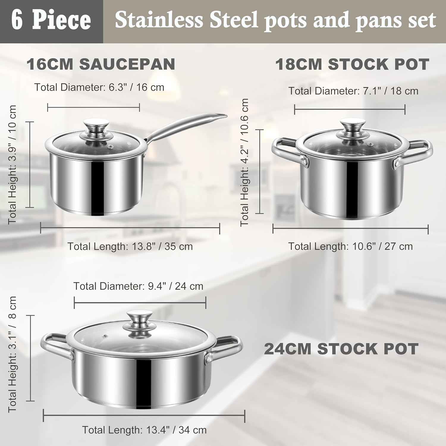 Skiennix Stainless Steel Cookware Set - 6-Piece Nonstick Induction Kitchen Pots & Pans