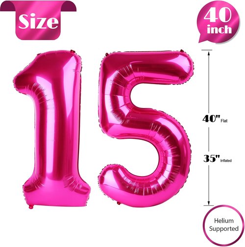 Hot Pink Number 15 Balloons - 40 Inch Birthday Decorations for Girls | Perfect for 15th Birthday Party