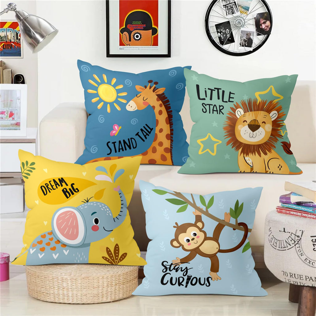 Joymaison Cartoon Animals Throw Pillow Covers 18x18 Inch Set of 4 Baby Elephant Giraffe Lion Monkey Cushion Pillow Case Nursery Home Decor for Kids Toddlers Teens