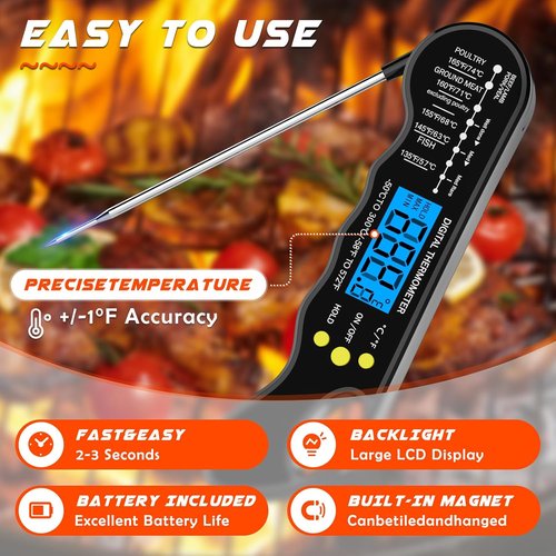 Instant Read Meat Thermometer - Fast, Accurate Digital Food Thermometer with Magnet & Backlight | Waterproof for Cooking, BBQ, Grilling, Baking (Black)