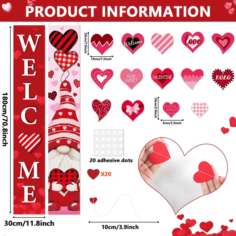 17 Pcs Valentine's Day Door Banner Decorations Set with Hearts Garland Love Heart Cutouts Red Buffalo Plaid Gnome Valentine Porch Welcome Sign for Home School Wall Indoor Outdoor Party Supplies Decor