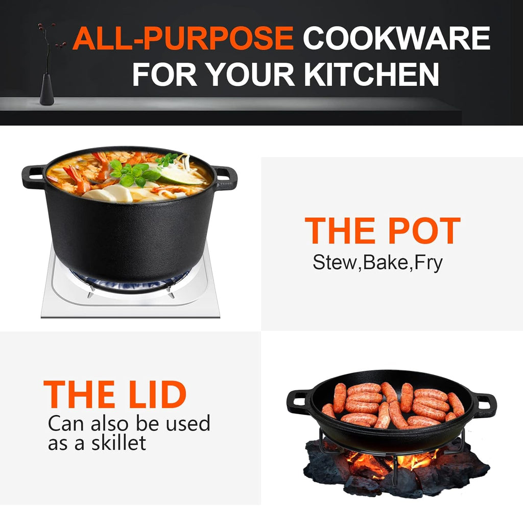 Overmont 5QT Pre-Seasoned Cast Iron Dutch Oven - Versatile All-in-One Casserole & Skillet with Cookbook