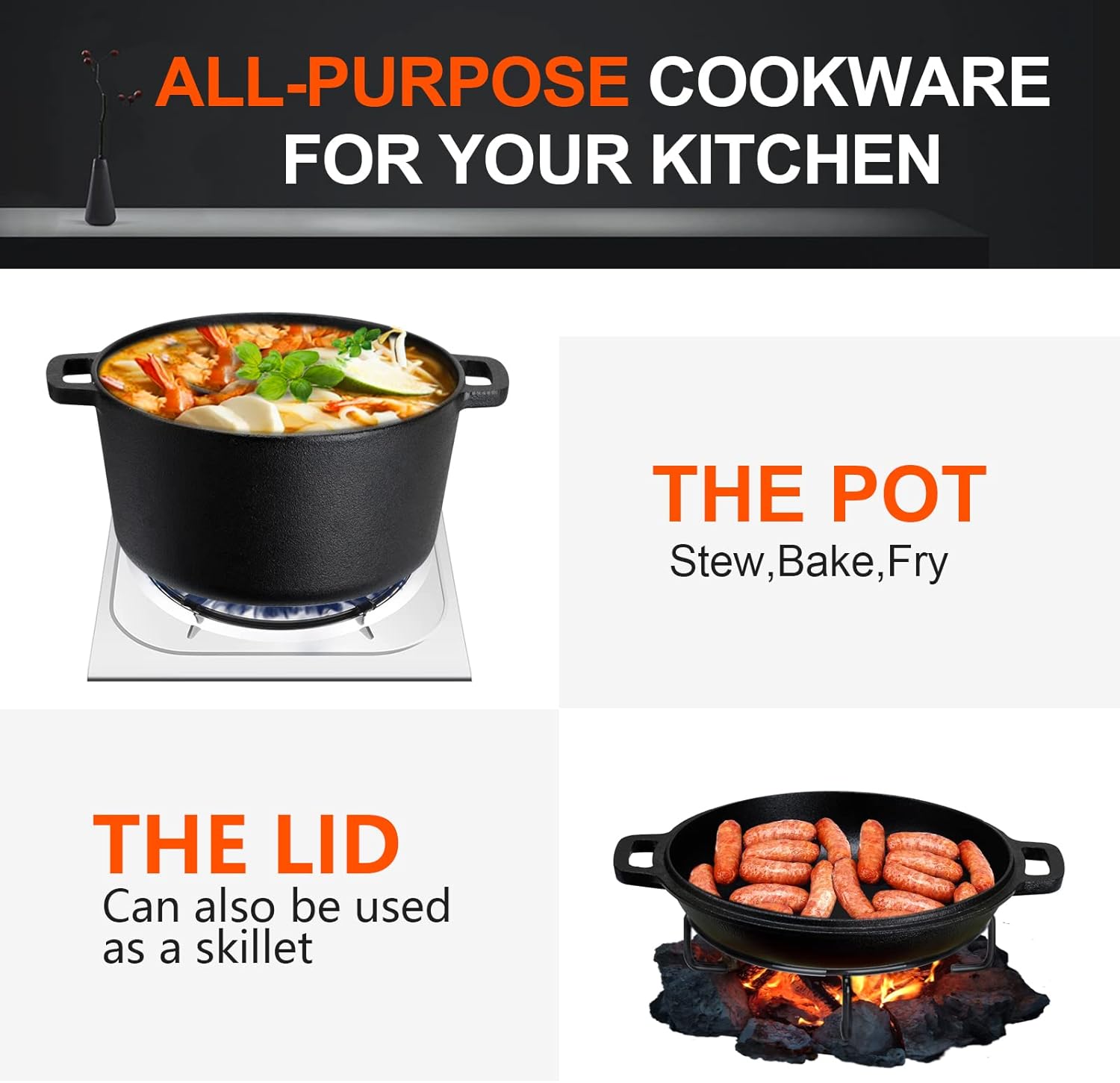Overmont 5QT Pre-Seasoned Cast Iron Dutch Oven - Versatile All-in-One Casserole & Skillet with Cookbook