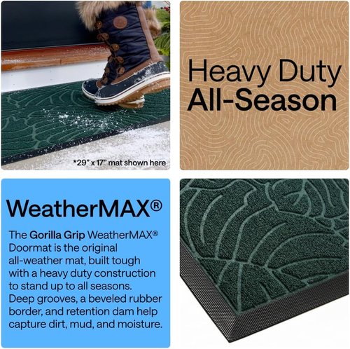 GORILLA GRIP Waterproof All-Season WeatherMAX Doormat - 35x23 Natural Rubber, Stain & Fade Resistant, Easy Clean Green Palm