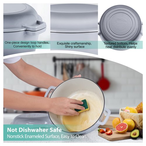 TeamFar 5 Quart Enameled Cast Iron Dutch Oven, 2-In-1 Dutch Oven Pot Cookware with Skillet Lid for Bread Baking Braising Stewing Roasting, Sturdy & Nonstick, Oven Safe & Fit for Induction (Grey)