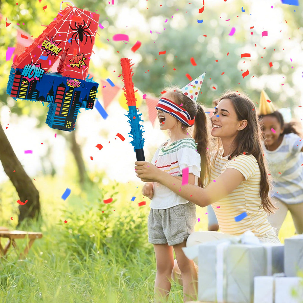 Number 4 Spider Pinata Bundle with 16 Inch Piñata Stick Blindfold Confetti for Hero Birthday Party Decoration Anniversary Celebration Gift Spider Party Favors for Kids, 16 x 11.6 x 2.4 Inch