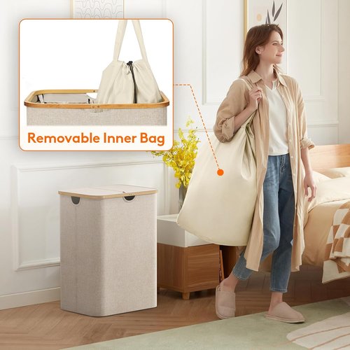 Lifewit 150L Laundry Basket - Foldable Hamper with Lid & Bamboo Handles | Beige, Large Capacity