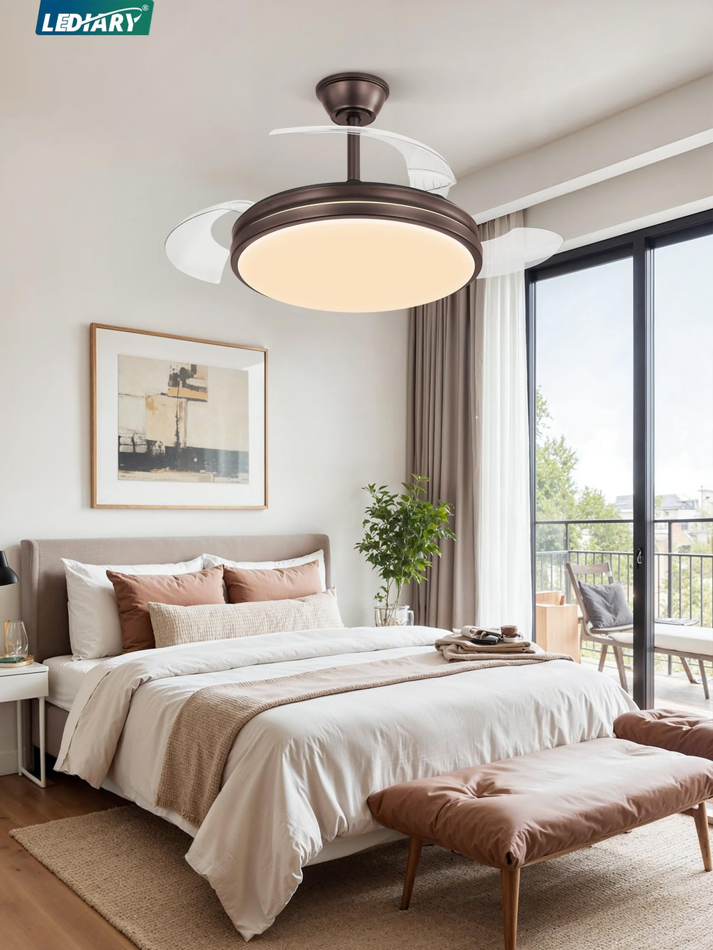 LEDIARY Retractable Ceiling Fan with Lights and Remote & APP Control, 42 Inch Fandelier Ceiling Fan with Light, 6 Speed Dimmable Reversible Memory, Modern Silent Smart Fan for Bedroom Living Room