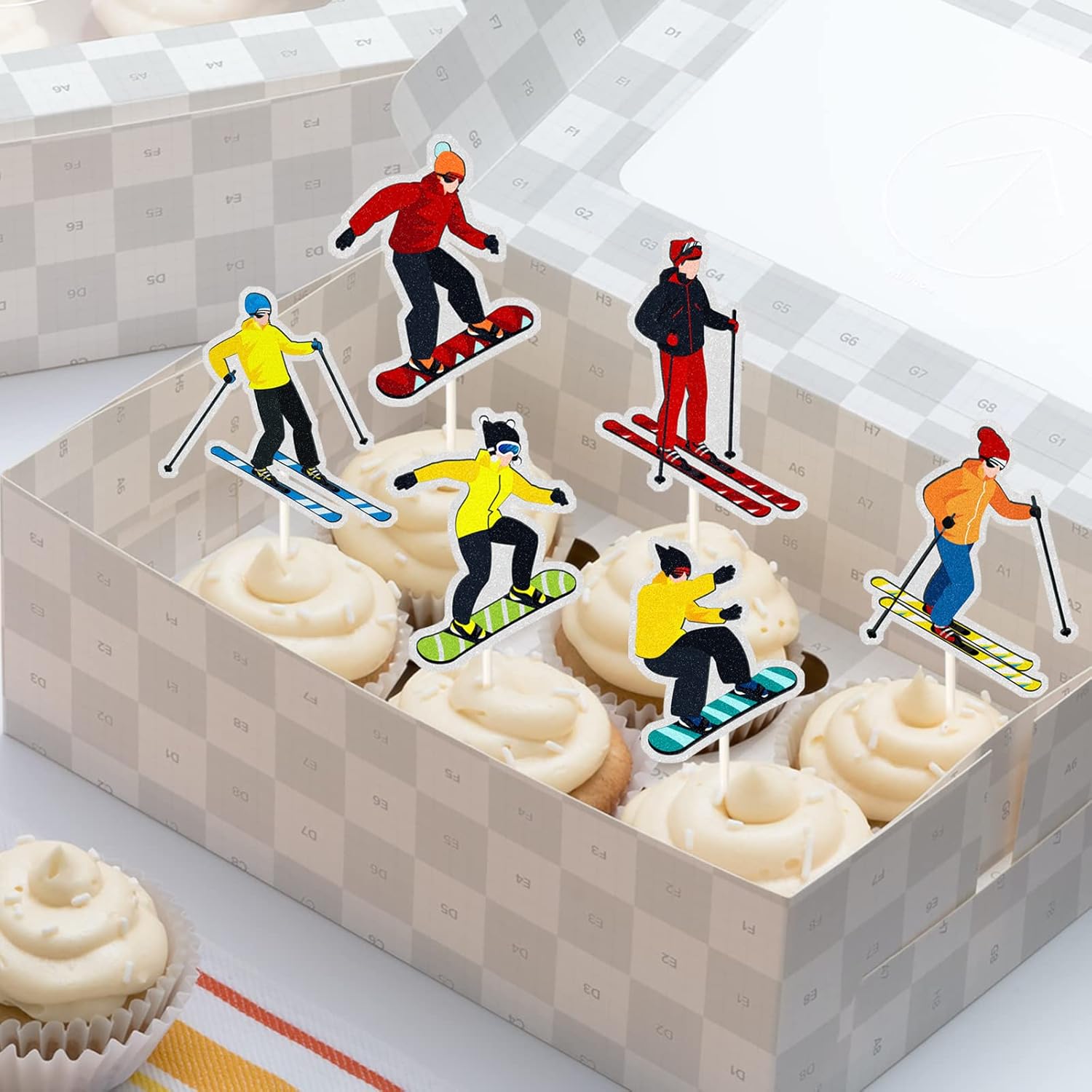 Skiennix Ski Theme Cupcake Toppers - Rainbow Glitter Cake Decorations for Ski Lovers | 18PCS