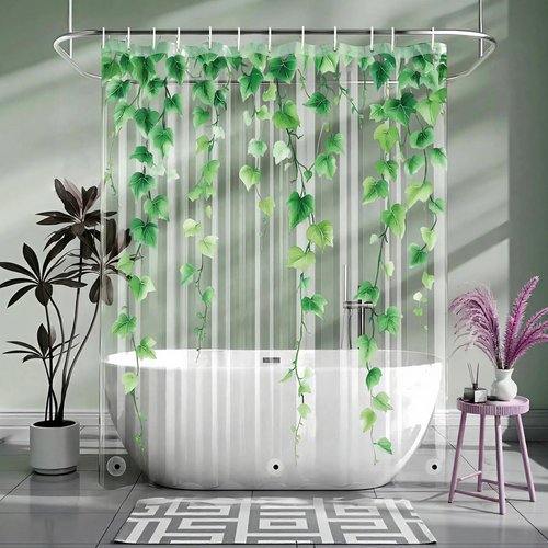 Clear Green Ivy Leaves Shower Curtain Liner, Transparent Plastic Nature Green Botanical Leaf Decorative Waterproof Shower Curtains for Bathroom, 72x72 Weighted Magnetic Shower Curtain Liner with Hooks