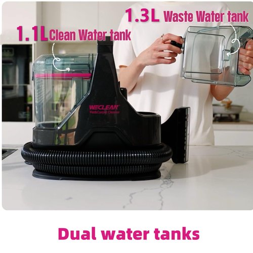 WECLEAN C3 Portable Carpet Cleaner Machine for Car, Stairs, Sofa with 18Kpa Suction and 600W Motor, Dual-Tank Spot Cleaner with 3 Brushes, Handheld Carpet and Upholstery Cleaner Black and Pink