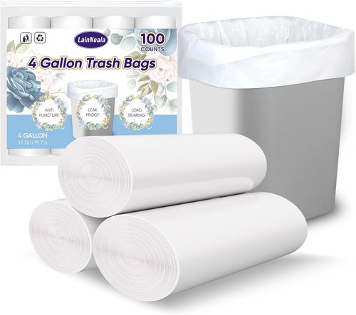LainNeala Small Trash Bags - 4 Gallon, 100 Count Unscented Mini Garbage Can Liners | White Bathroom Bags