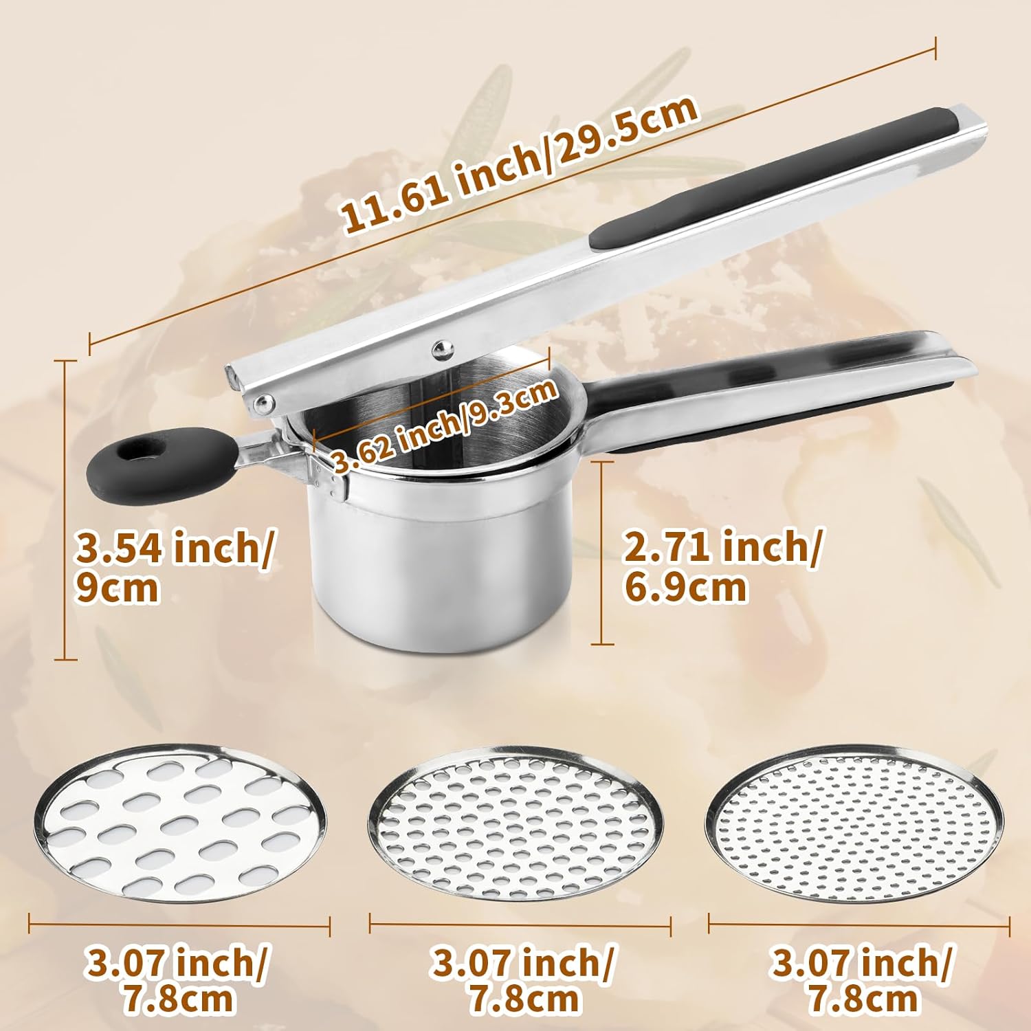 Skiennix Potato Ricer - Heavy Duty Stainless Steel with 3 Interchangeable Discs & Silicone Handle | Perfect for Mashed Potatoes