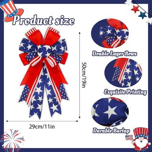 Large 4th of July Bows by [Brand Name] - Pre-Tied Patriotic Wired Ribbon Bows, 20x11 Inch, 2 Pack for Outdoor Decoration