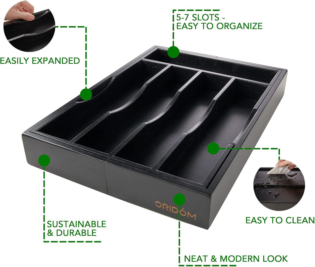 Skiennix Expandable Bamboo Kitchen Drawer Organizer - Adjustable Cutlery Tray for Utensils | Black