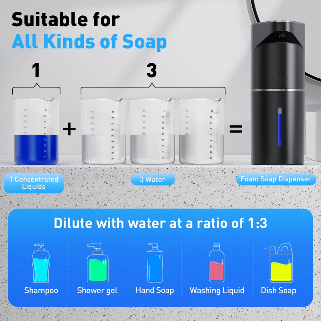 Fantictas Automatic Soap Dispenser,Touchless Hand Wall Mount Rechargeable 3 Gear Adjustable Electric Soap Dispenser 350ml with Infrared Motion Sensor for Bathroom,Kitchen,Office, Black Foam