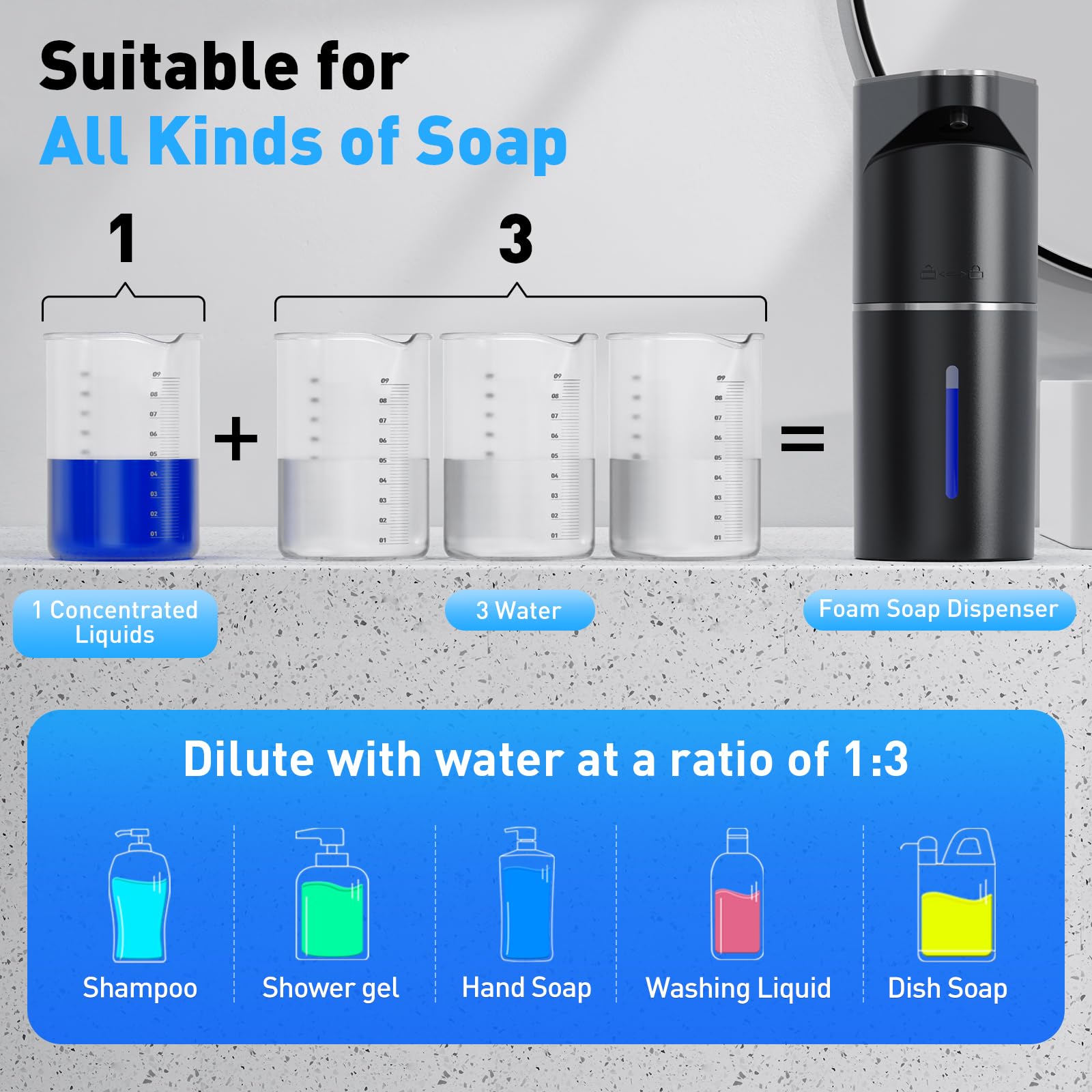 Fantictas Automatic Soap Dispenser,Touchless Hand Wall Mount Rechargeable 3 Gear Adjustable Electric Soap Dispenser 350ml with Infrared Motion Sensor for Bathroom,Kitchen,Office, Black Foam