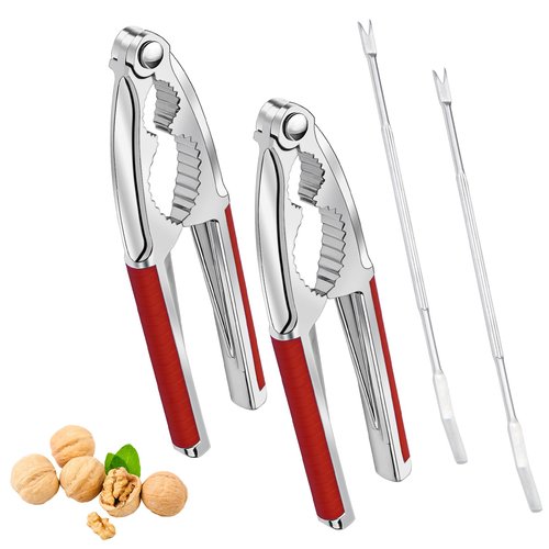 4 Pcs Walnut Cracker Tools, Windspeed Nut Crackers Three Opening Clips Nut Shell Openers Tools for Seafood Cracker, Lobster Crab Non-Slip Handle Shell Cracker with 2 Pcs Picks (red)
