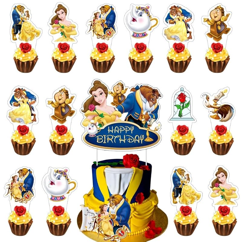25Pcs Beauty & Beast Cake Decorations with Cupcake Toppers for Girls Birthday Party