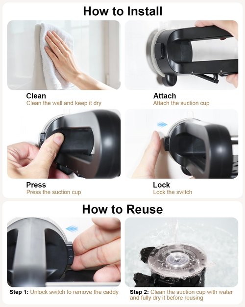 JOTPE Suction Cup Shower Shelf, Removable Shower Caddy Suction Cup with Large Capacity, Storage Suction Powerful Max Hold 22lbs, No Drilling Shelves for Bathroom Storage & Home Decor, Black