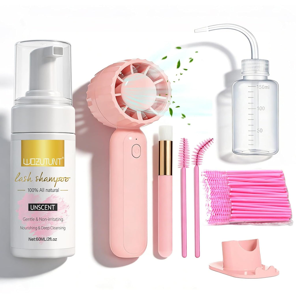 Skiennix Eyelash Extension Cleanser - Gentle Lash Mousse Shampoo & USB Rechargeable Handheld Fan