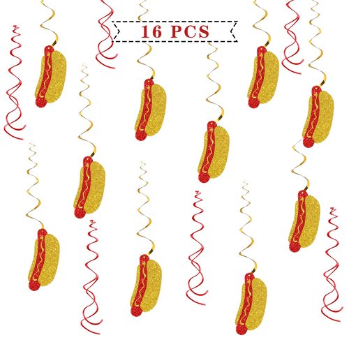 Hotdog Sign Hanging Swirl Decorations - Glitter 16 Pcs Fiesta Birthday Party Supplies - Girls Boys Birthday Party - Engagement - Wedding Streamers - Hot Dog Party Foil Swirls Ceiling Decorations