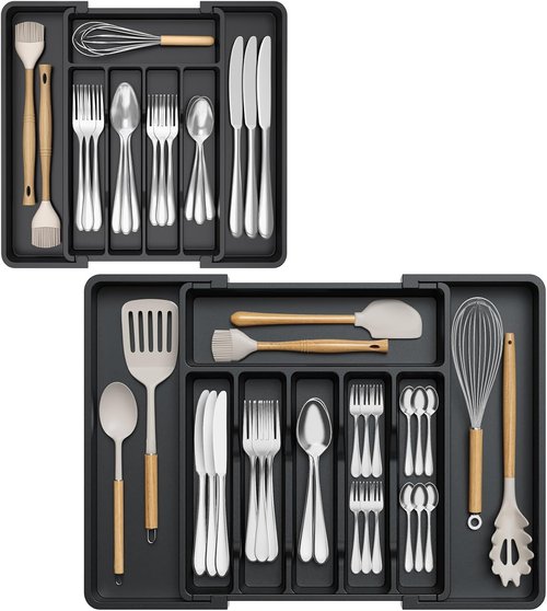 Lifewit Expandable Silverware Organizer Set - Adjustable BPA-Free Plastic Storage for Cutlery & Utensils | Black