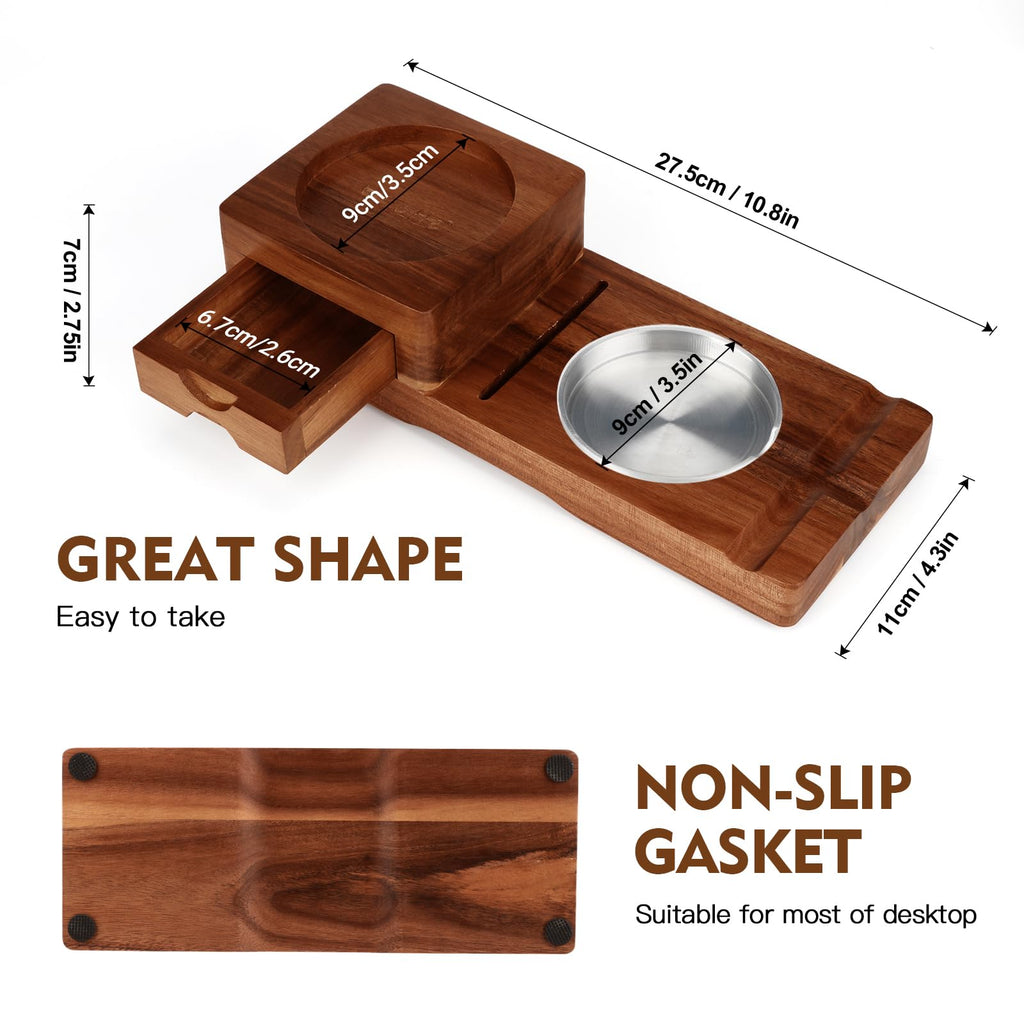 Scotte Ashtray Coaster Whiskey Glass Tray & Wooden Ash Tray with Cigar Cutter, Includes Drawer and Cigar Slot - Great for Home, Office or Outdoor Use (Deep Brown)