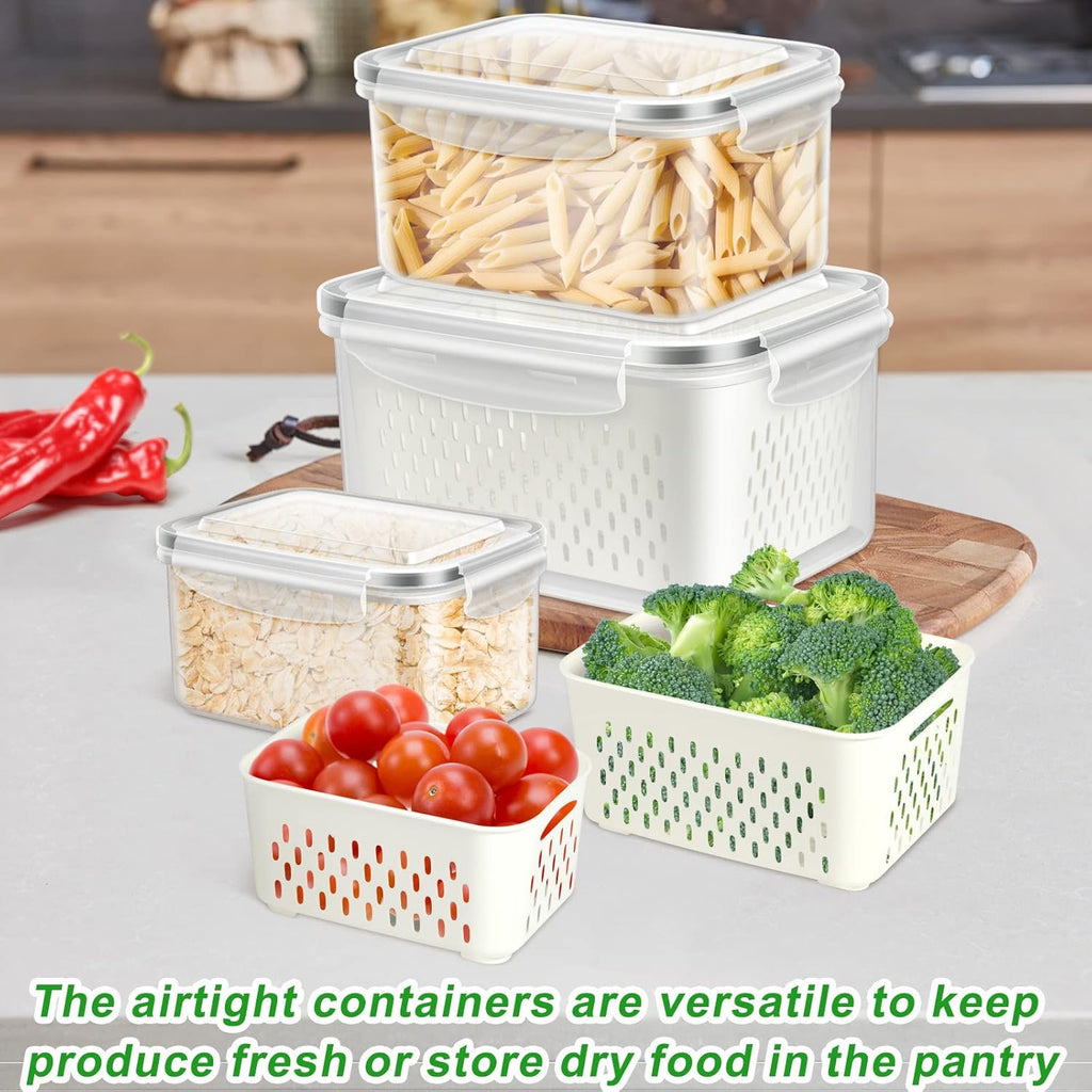 Skiennix Fruit Storage Containers - 3 Pack Produce Saver with Drain Colanders | Refrigerator Organizer for Fresh Veggies