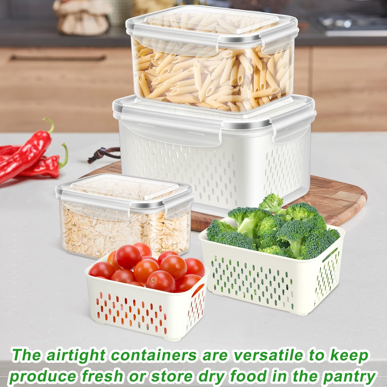 Skiennix Fruit Storage Containers - 3 Pack Produce Saver with Drain Colanders | Refrigerator Organizer for Fresh Veggies