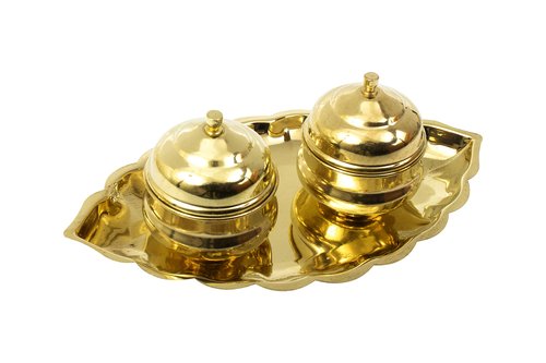 Spillbox Traditional Handcrafted Brass Thali Haldi kumkum Chandhan Holder Stand Plate with Lid |Roli|Chawal |Kumkum Box|Sindoor | Turmeric|Puja Worship- Oval 2 Bowl Small