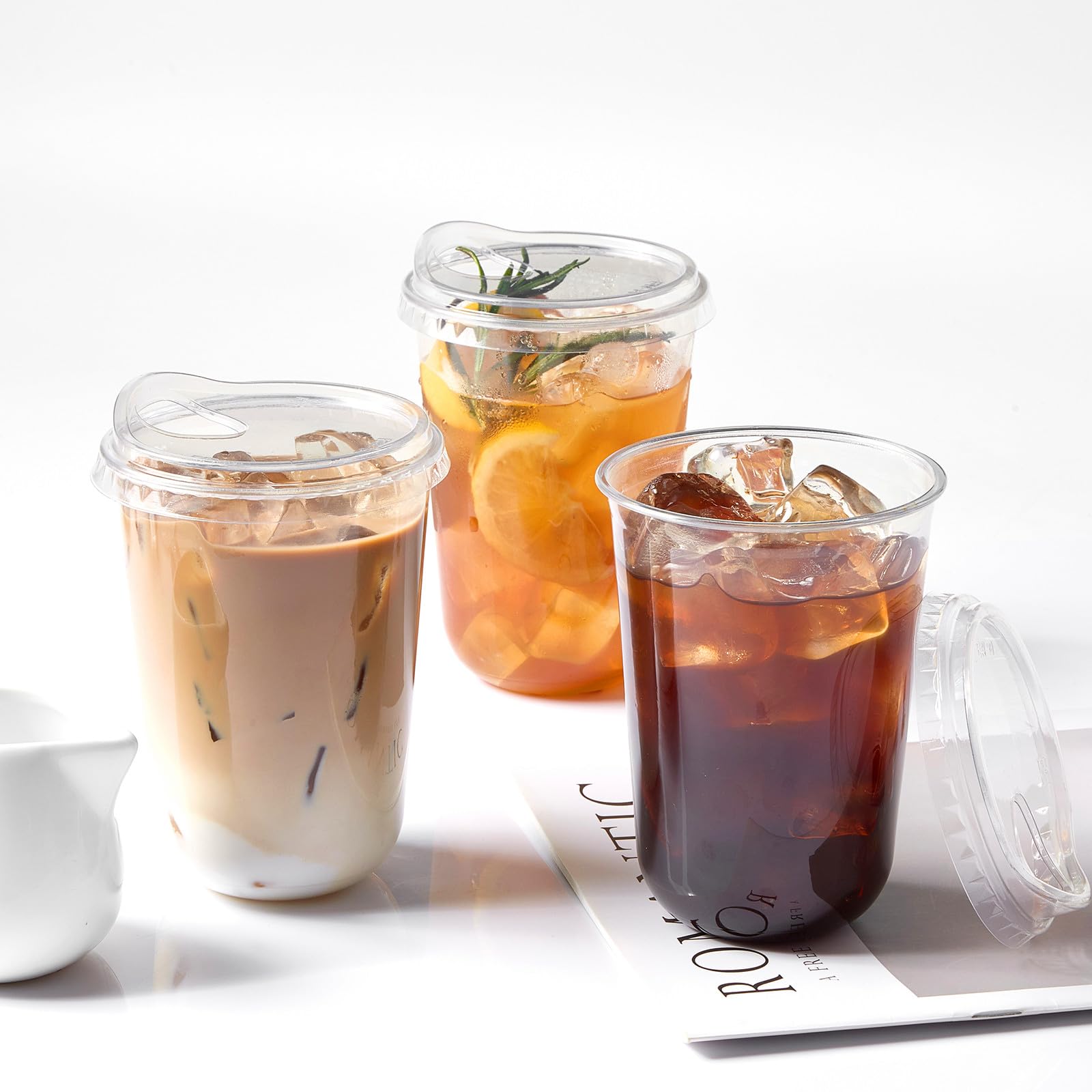 Jycnolm Round Bottom Clear Plastic Cups with Sip Lids, 100 Sets, 16 Oz Disposable Iced Coffee Cups with Strawless Lids To Go Cold Drink Cups for Smoothies, Juices, Party Catering