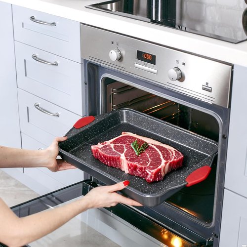 Anveena Nonstick Kitchen Oven Baking Pans - Premium Commercial Grade Bakeware with Red Silicone Handles | Easy to Clean Black, 3-Piece Set