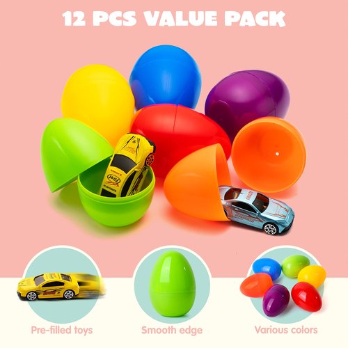 JOYIN 12 Pcs Die-Cast Car Filled Big Easter Eggs, Bright Colorful Prefilled Plastic Eggs with Different Die-cast Cars for Boys, Basket Stuffers and Kids Party Favors