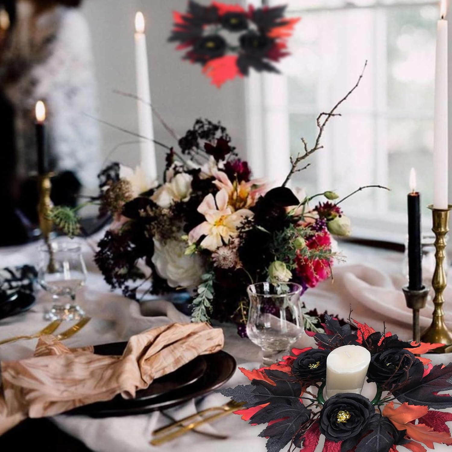 Skiennix Halloween Wreath Candle Rings - Gothic Red & Black Maple Leaf Rose Decor | Perfect for Wall & Table Centerpieces