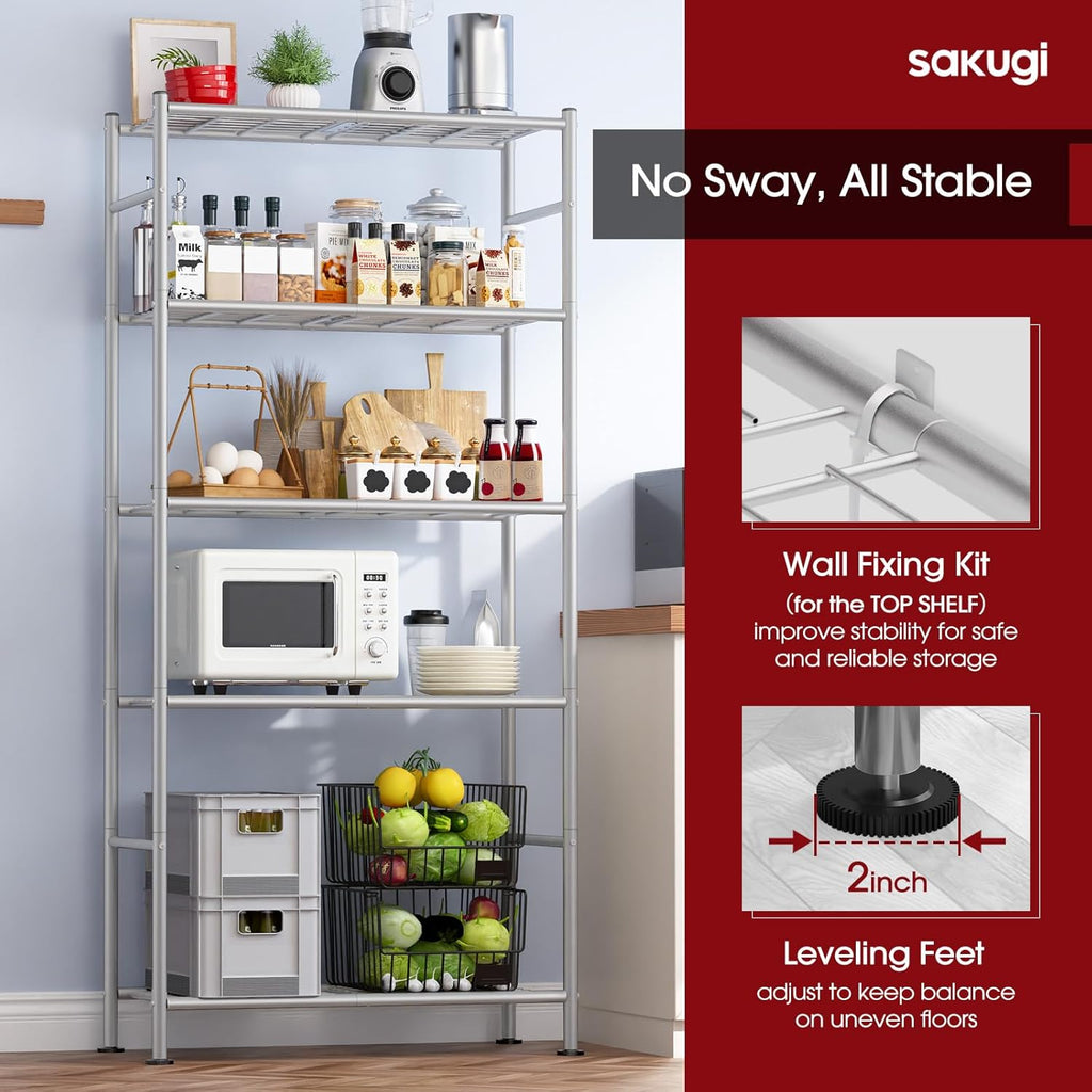 Sakugi 5-Tier Storage Shelves - Heavy-Duty Metal Organizer for Garage, Pantry & Closet | 33"W x 12.6"D x 72"H, Silver