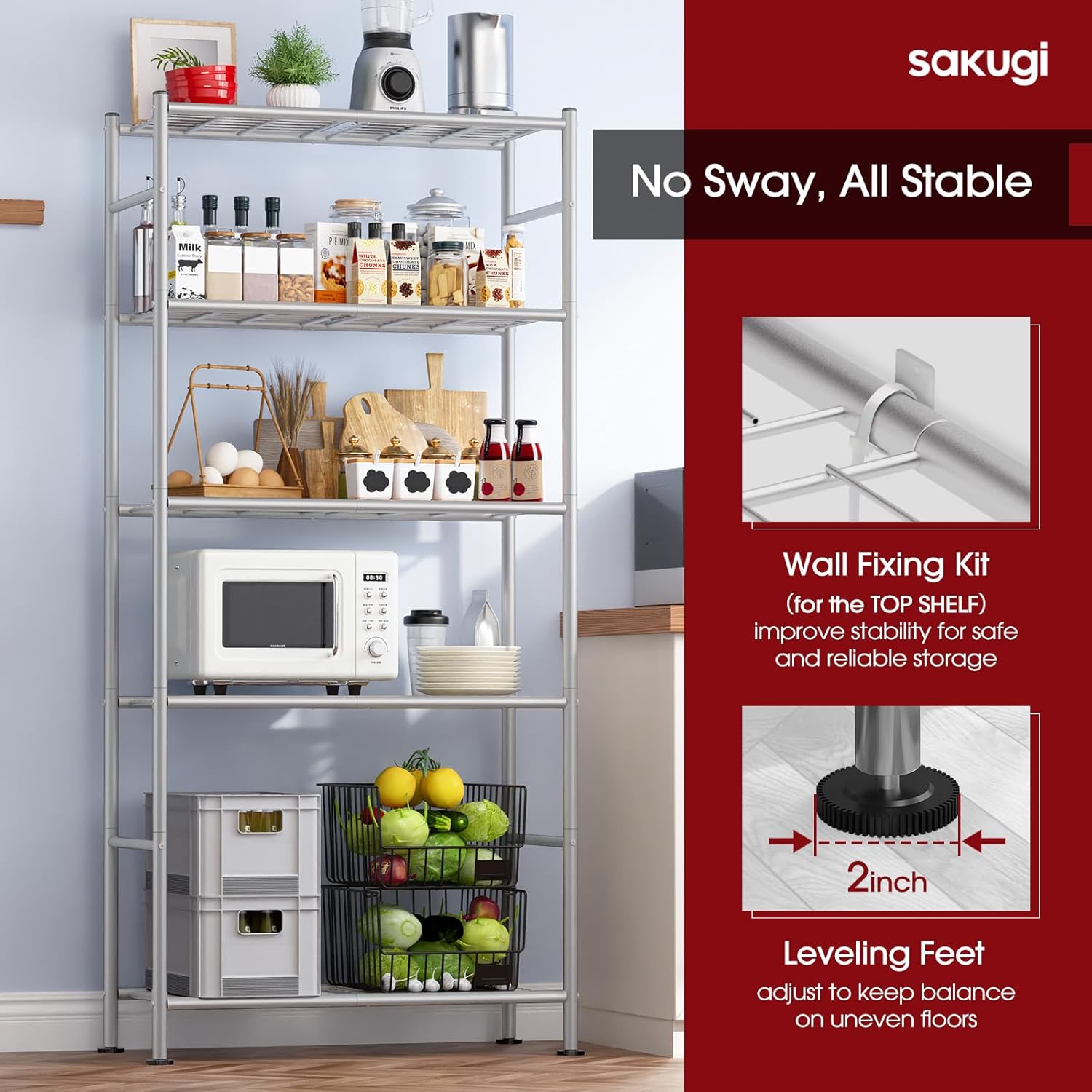 Sakugi 5-Tier Storage Shelves - Heavy-Duty Metal Organizer for Garage, Pantry & Closet | 33"W x 12.6"D x 72"H, Silver
