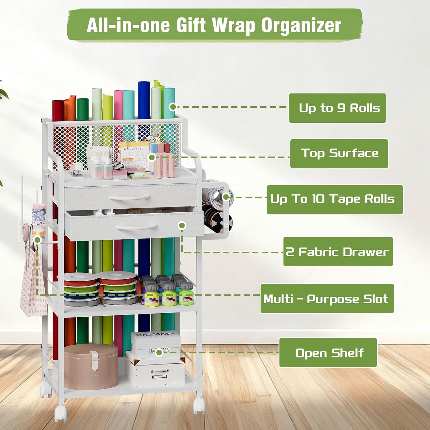 Skiennix Rolling Craft Storage Cart - 2 Fabric Drawers & Lockable Wheels | Gift Wrap Organizer with Ribbon & Tape Holder
